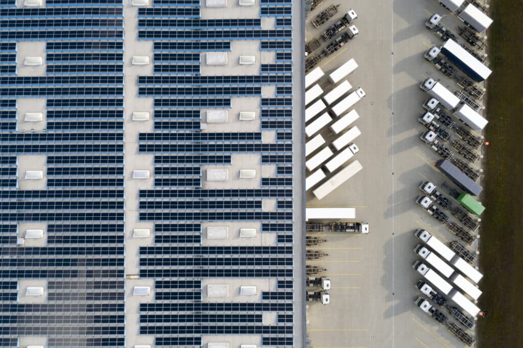 Aerial View of Semi Trucks at Warehouse