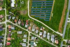 top view of a neighbourhood with solar panels