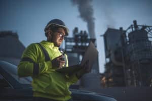 serious engineer is working with technology during night shift in power station.